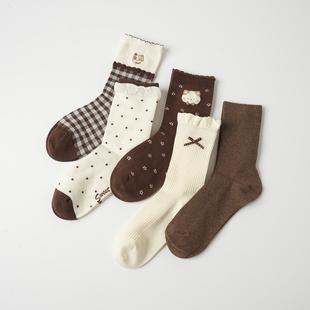 会员拍 五双装 咖色系女士中筒袜 爱卡通风百搭舒适弹力女袜 秋冬