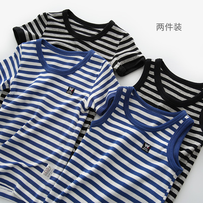 两件装纯棉条纹背心短袖T恤圆领