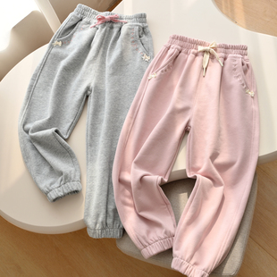 水洗棉毛圈 儿童蝴蝶结收口卫裤 女童休闲运动长裤 中大童 春秋款