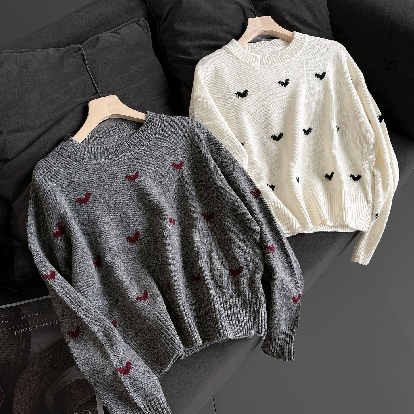 无补 女士圆领爱心针织毛衣 长袖羊毛衫 秋冬款 女装