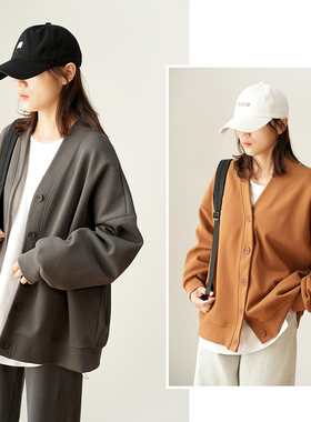 女士珠地棉V领开衫长袖外套 休闲百搭中长款  叠穿 2023春款女装