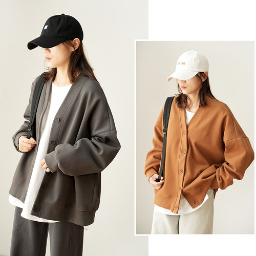 女士中长外套珠地棉开衫长袖纯色