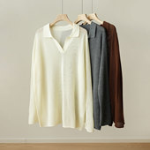 无补 秋冬款 女士翻领镂空毛衣 绵羊毛针织上衣宽松