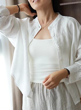 水洗24支汉麻女士立领衬衫罩衣