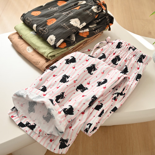 女士水洗全棉家居长裤双层纱布