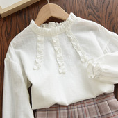 女童全棉娃娃领白衬衫 童装 儿童纯棉长袖 春秋款 衬衣 打底各种衣