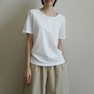 T恤 短袖 女士清新色系半开襟系扣上衣k 简约圆领薄款 170G雪花棉