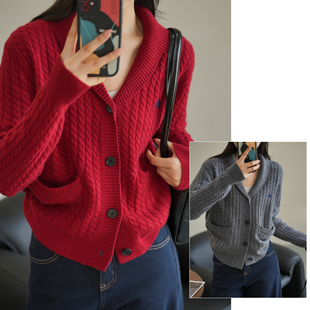 初春款16支双股全羊毛 女士小象翻领开衫毛衣 复古麻花针织上衣