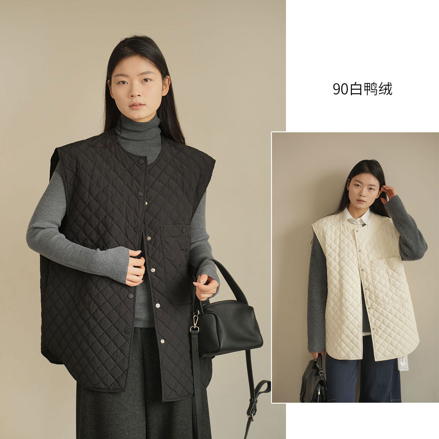 女士菱形格马甲 百搭圆领羽绒坎肩 叠穿轻便棉衣棉服 90白鸭绒