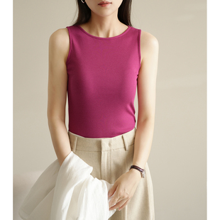 玫红色优可丝木纤维 女士一字领螺纹背心薄款修身T遮副乳夏款女装