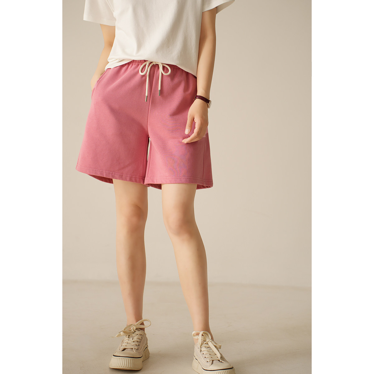 减龄h型显瘦五分裤 女士运动感中裤 毛圈高腰直筒短裤 夏款 女装