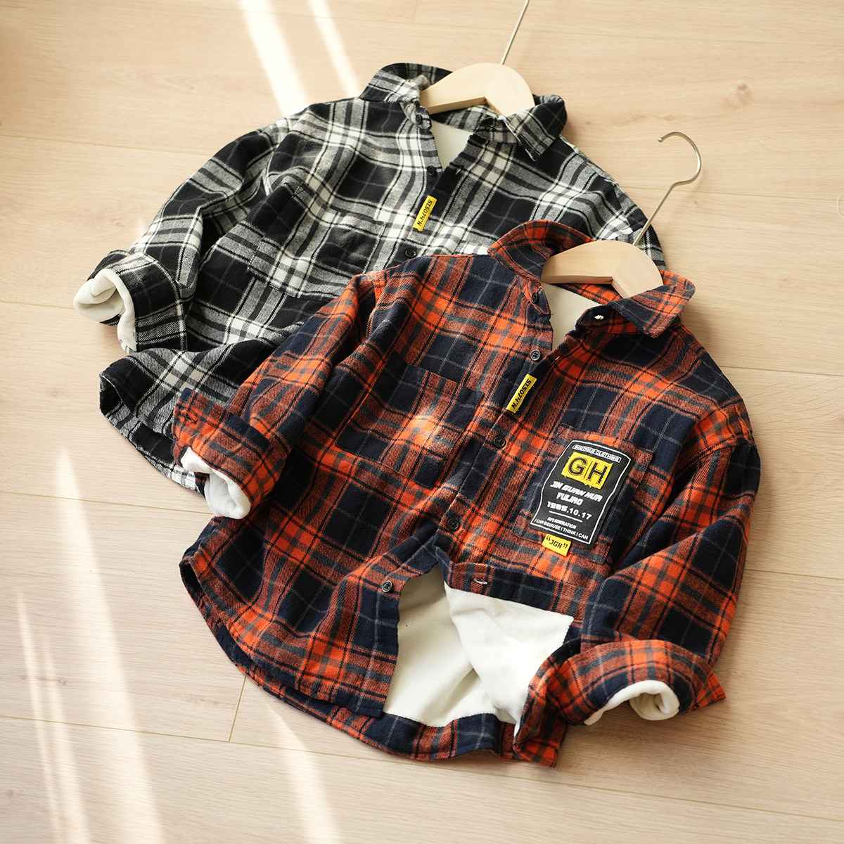 特 儿童纯棉加绒格子衬衫 男童女童保暖衬衣外套 中大童秋冬上衣