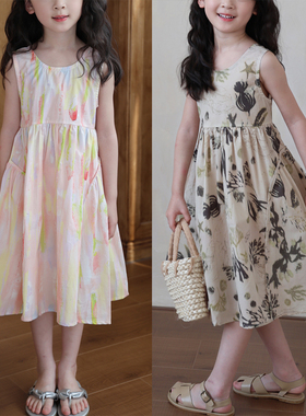 60支 精梳棉纯棉 女童全棉背心连衣裙 圆领数码印花裙 中大童夏款