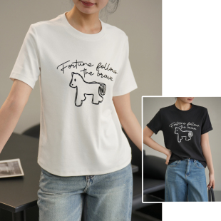 女装 250g 春夏款 正肩简约T恤衫 女士植绒花体字小马短袖