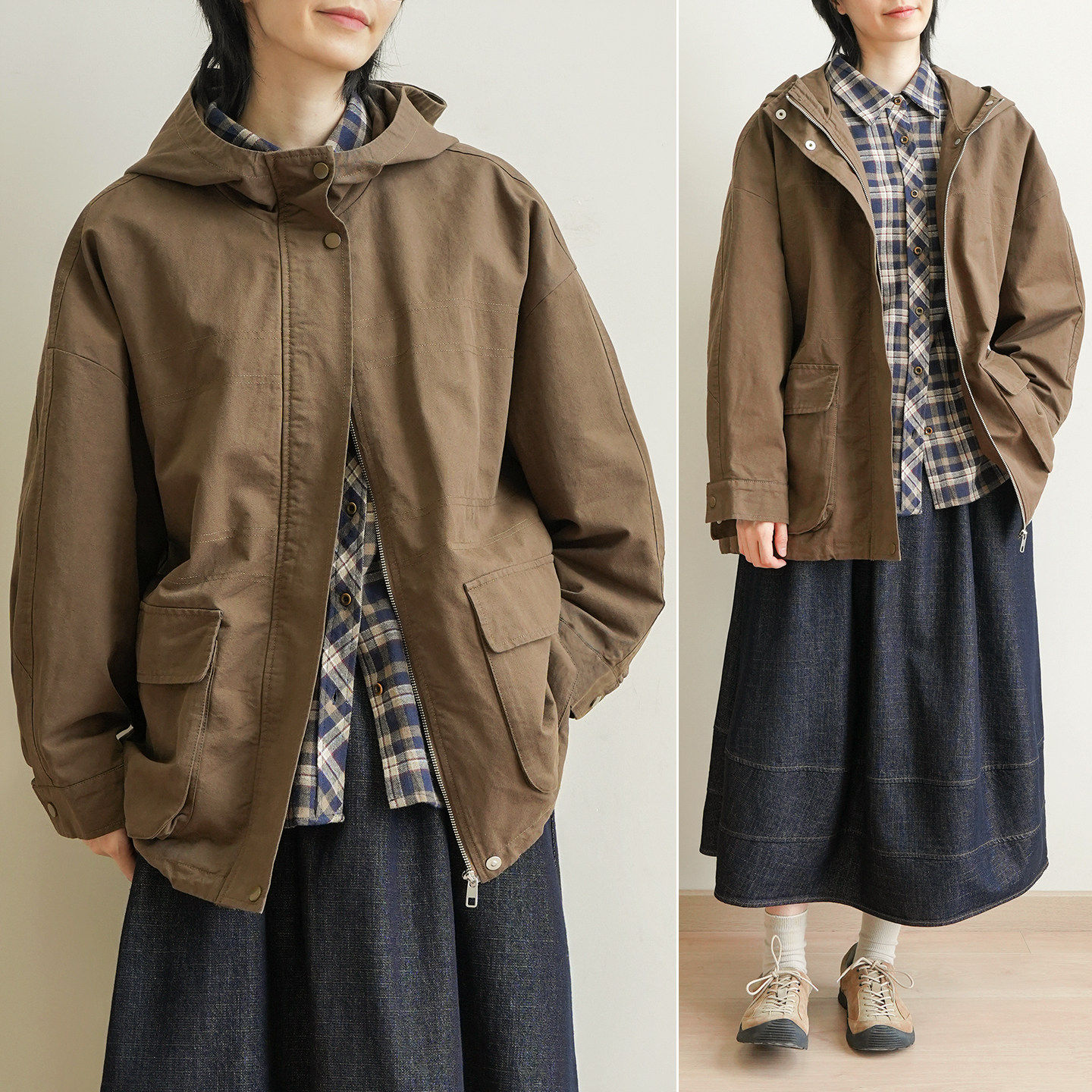 250g全棉女士休闲连帽风衣 纯色宽松大口袋长袖外套 春款k