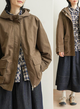 250g全棉女士休闲连帽风衣 纯色宽松大口袋长袖外套 春款k