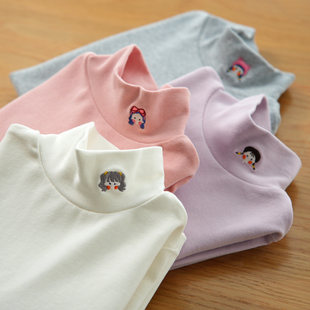 上衣 女童刺绣保暖打底衫 中大童 秋冬款 儿童半高领长袖 童装 棉T恤