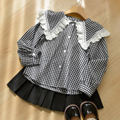 童装 儿童纯棉格子衬衣 中大童春秋款 蕾丝花边长袖 女童荷叶领衬衫