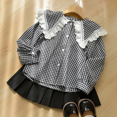 格子纯棉衬衣水沐良品春秋荷叶领