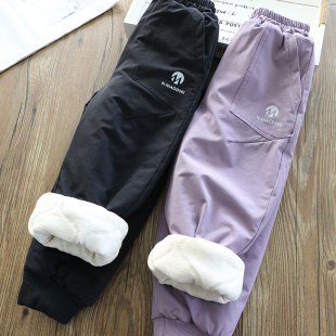 一条过冬 儿童加绒滑雪耐磨运动裤 软壳冲锋裤 女童防风保暖蚕丝棉裤