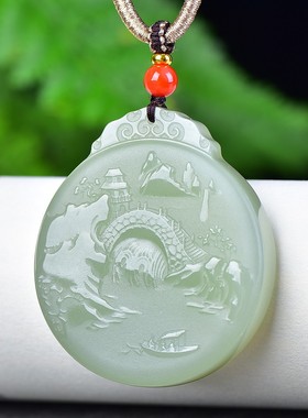 佩戴级和田玉青海镯心料冰底晴水油润精美雕刻山水吊坠牌子D15182