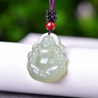 亏爆啦和田玉青海老坑料高冰浅晴水色玉质温润弥勒佛吊坠D15467
