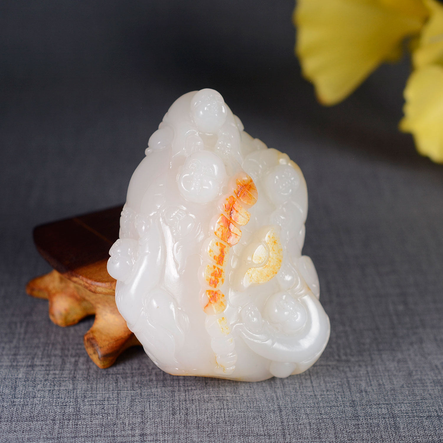 精雕和田玉青海料羊脂白玉料子细腻特级白油润五子闹佛大把件JS