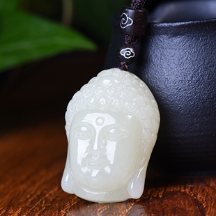 和田玉老坑料细润油冰白干净无结构精工雕刻安详宁静佛头吊坠1030