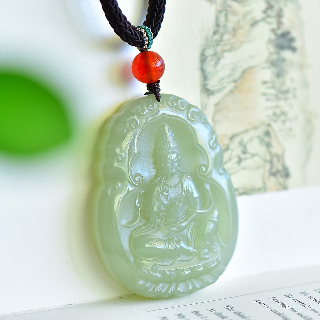 和田玉青海钢板料冰底晴水高脂油润干净无结构莲花观音牌子D15046