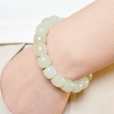 手工精制和田玉青海料老坑料老型珠高冰晴水浅重两色手链15700#