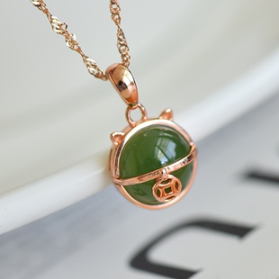 专柜品质s925银镶和田玉碧玉招财猫吊坠配送银链子礼盒10692