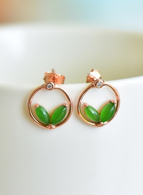 爆款手工制作925银镶和田碧玉菠菜绿果绿色冰润马眼耳钉12226-1