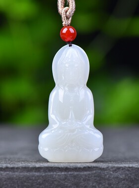 亏和田玉青海老熟料羊脂白玉品相一流雕工精湛抱瓶观音吊坠D15468