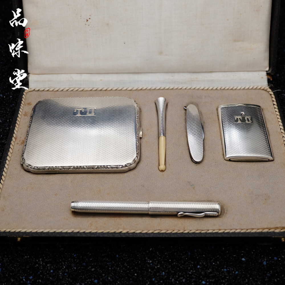 孤品1930年代德国产Alpacca纯银镍银钢笔火柴盒烟盒烟嘴烟盒套装