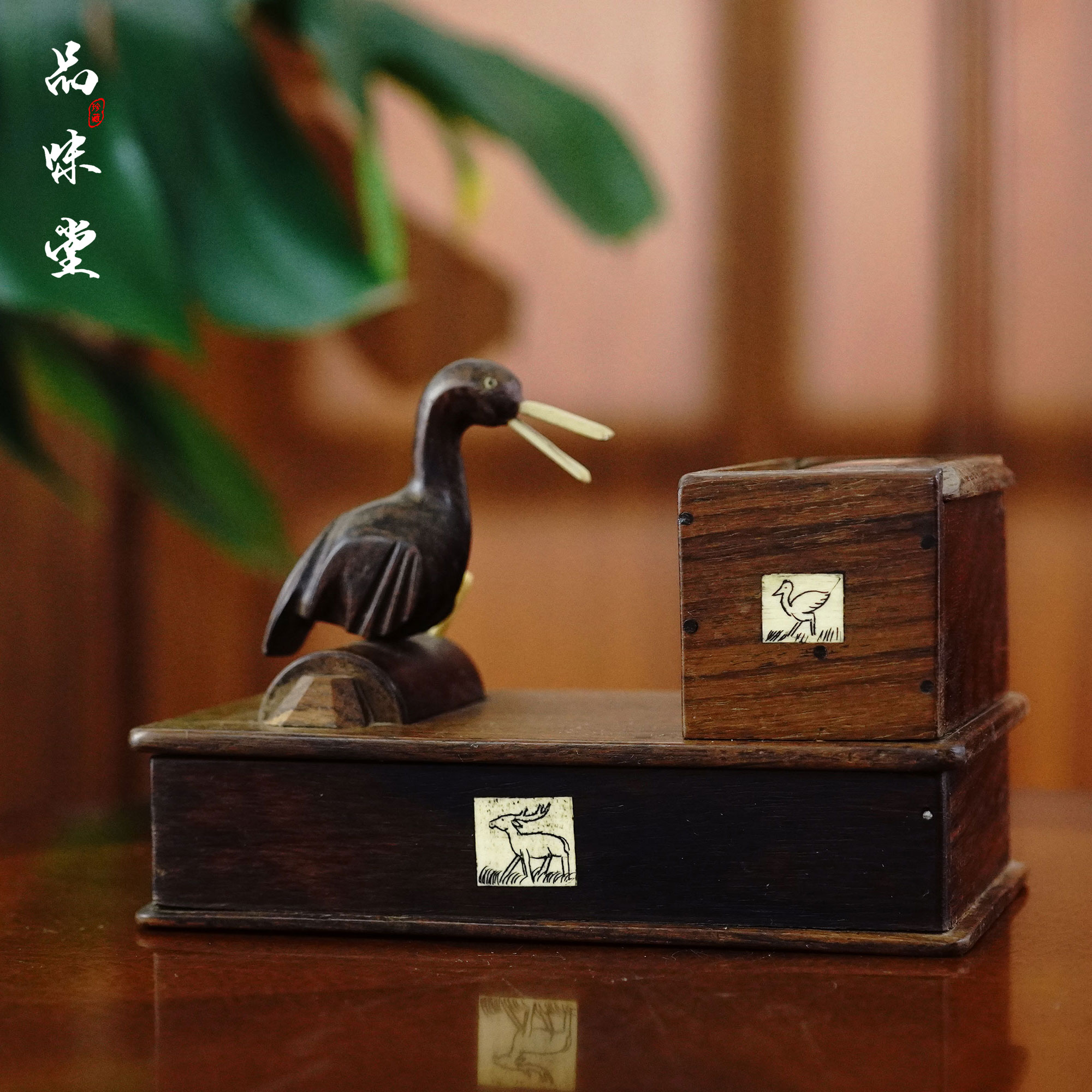 1950年日本产实木手工雕刻小鸟烟盒骨木象嵌精美复古个性烟具收藏