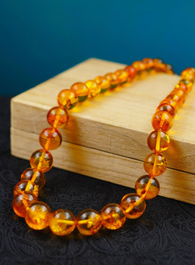 早期日本天然老琥珀蜜蜡项链手链首饰精美自然氧化色原盒全新收藏