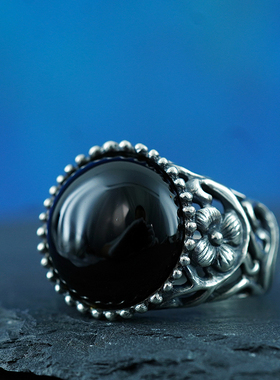 精美中古欧洲手工925纯银天然黑曜石镂空高奢华丽戒指环个性饰品