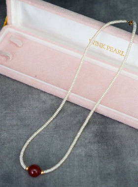 绝版日本天然海水珍珠米粒18K金纯金搭扣红玛瑙首饰项链复古个性