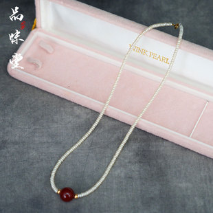 绝版日本天然海水珍珠米粒18K金纯金搭扣红玛瑙首饰项链复古个性