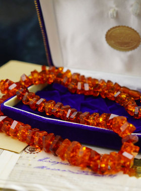 早期日本天然老琥珀蜜蜡项链手链首饰精美自然氧化色原盒全新收藏