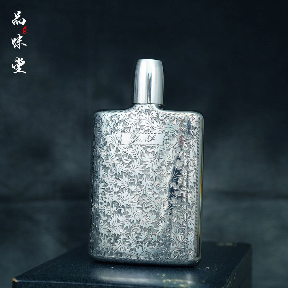 1950年日本匠人纯银手工錾刻雕花唐草酒壶酒杯套装silver950便携
