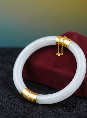 早期天然白糯种翡翠手镯585纯金14K金首饰手环老货老玉收藏级孤品