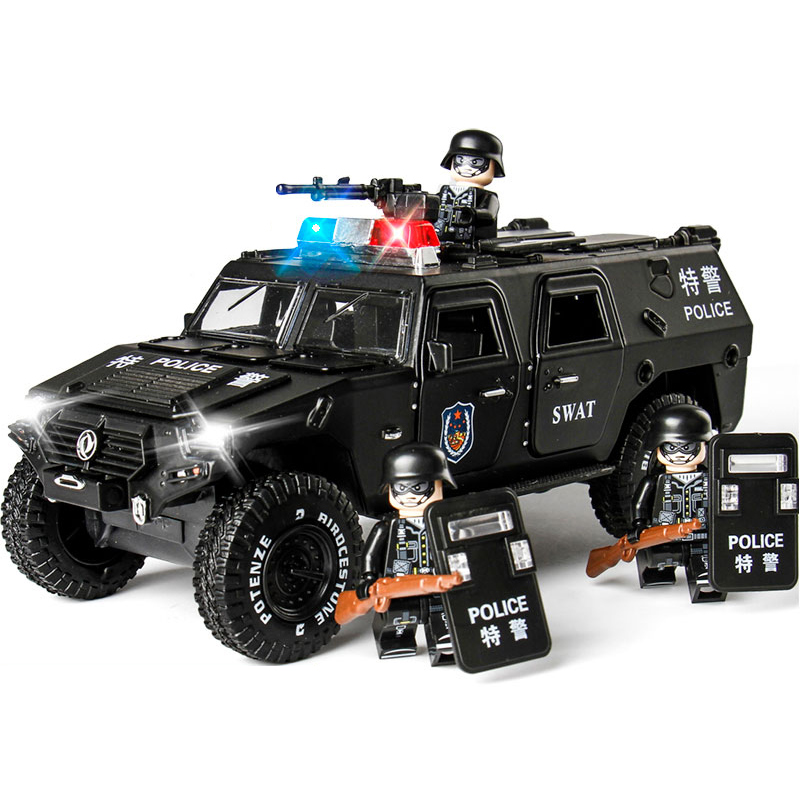 1/32金属猛士警车特警小汽车模型玩具多处可动回力开门声光三菱
