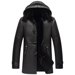 中长款连帽绵羊皮原生态皮毛一体外套真皮衣男士羊毛羊羔毛羊剪绒