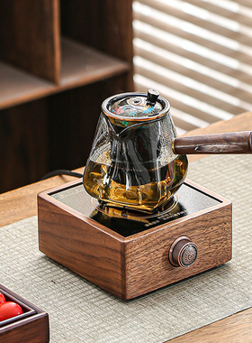 胡桃木电陶炉家用室内加厚玻璃耐高温煮茶壶茶水分离煮茶器提梁壶