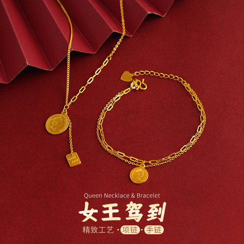 沙金镀金仿金女女王头像吊坠项链