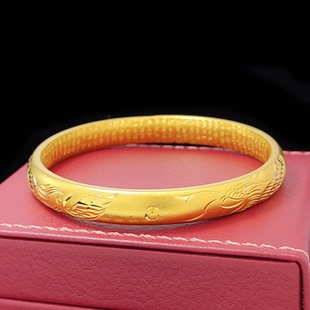 仿真越南沙金古法龙凤心经闭口手镯 镀24K金色仿黄金结婚新娘首饰