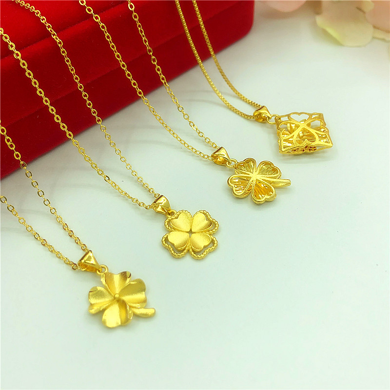 韩版简约小清新四叶草吊坠镀金仿真越南沙金项链女细锁骨链黄金色