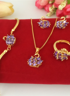 新款沙金孔雀项链女紫色锆石镀金