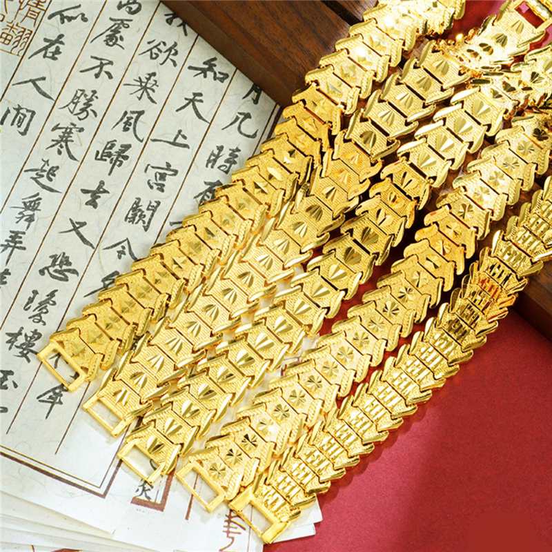 新款越南沙金霸气总裁男士手链宽镀金车花手表链久不褪色老板款式